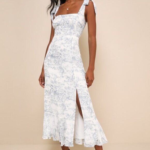 Lulus Summer Invite White And Blue Toile Tie-strap Tiered Midi Dress - Size XXL - Picture 1 of 1